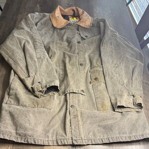 Vintage Kadadu Traders Australia Men's Tan Canvas Jacket with Brown Leather Trim
